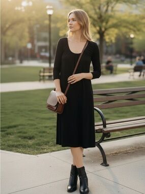 Neiman Marcus Black Scoop-Neck Midi Dress with Three-Quarter Sleeves